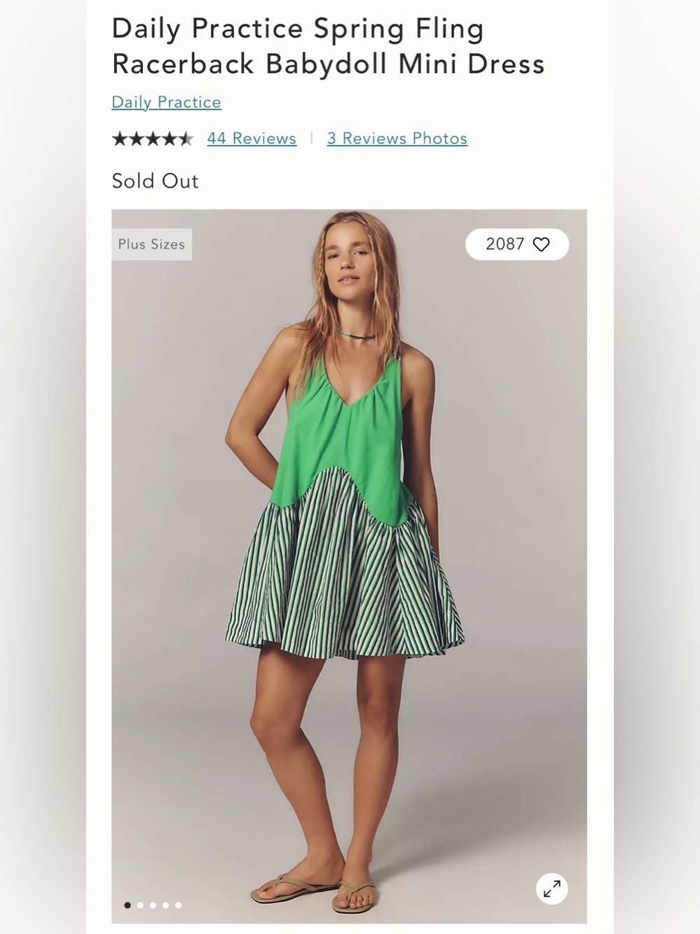Daily Practice Green Two-Tone Racerback Babydoll Mini Dress Oversized.